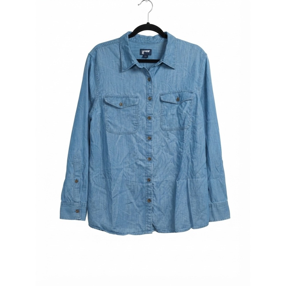 Lands End Womens 1X‎ Light Wash Lyocell Chambray Button Down Shirt Blue 16W-18W